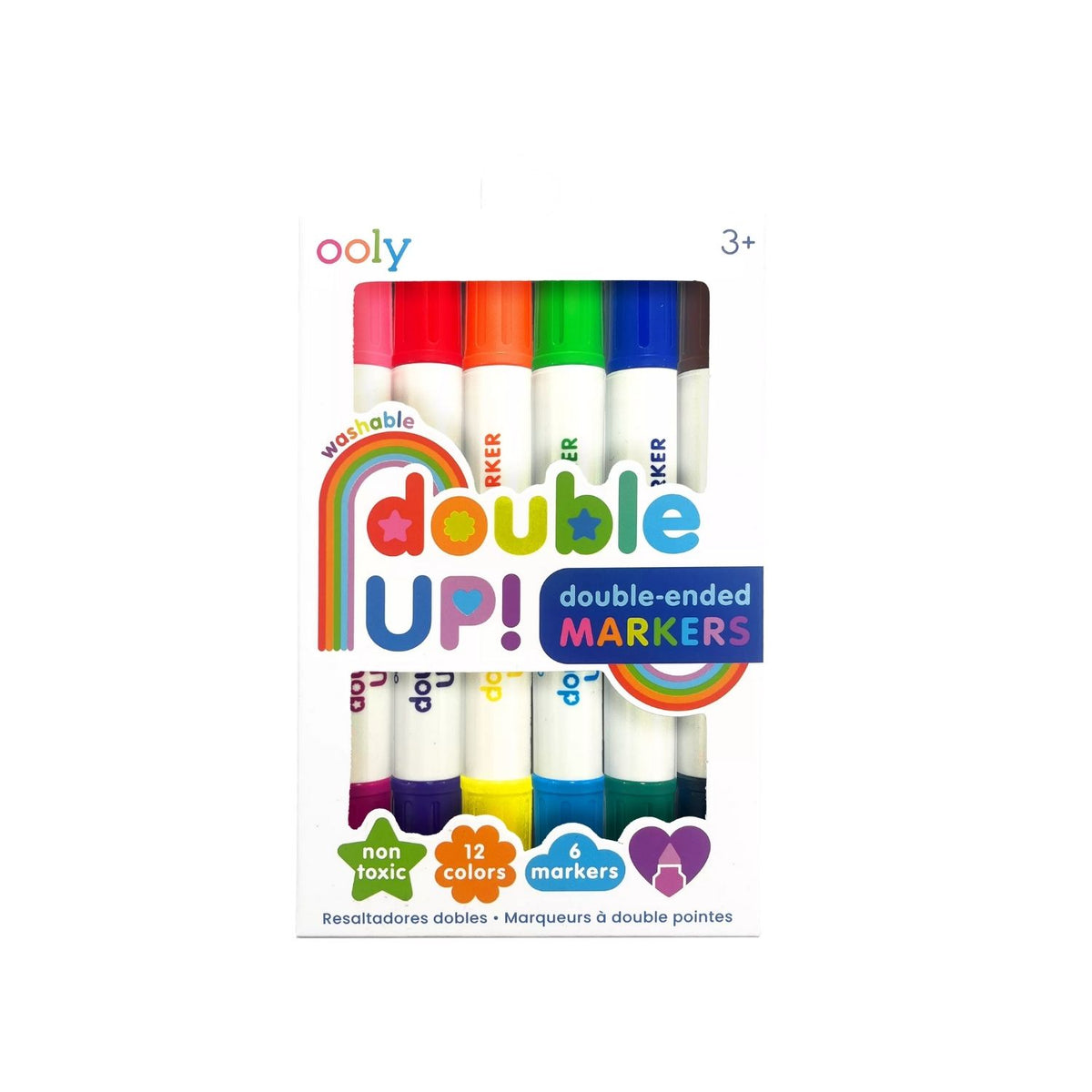 A pack of ooly Double Up! Double-Ended Markers with six markers showing two colors at each end, displayed in front of a white background.