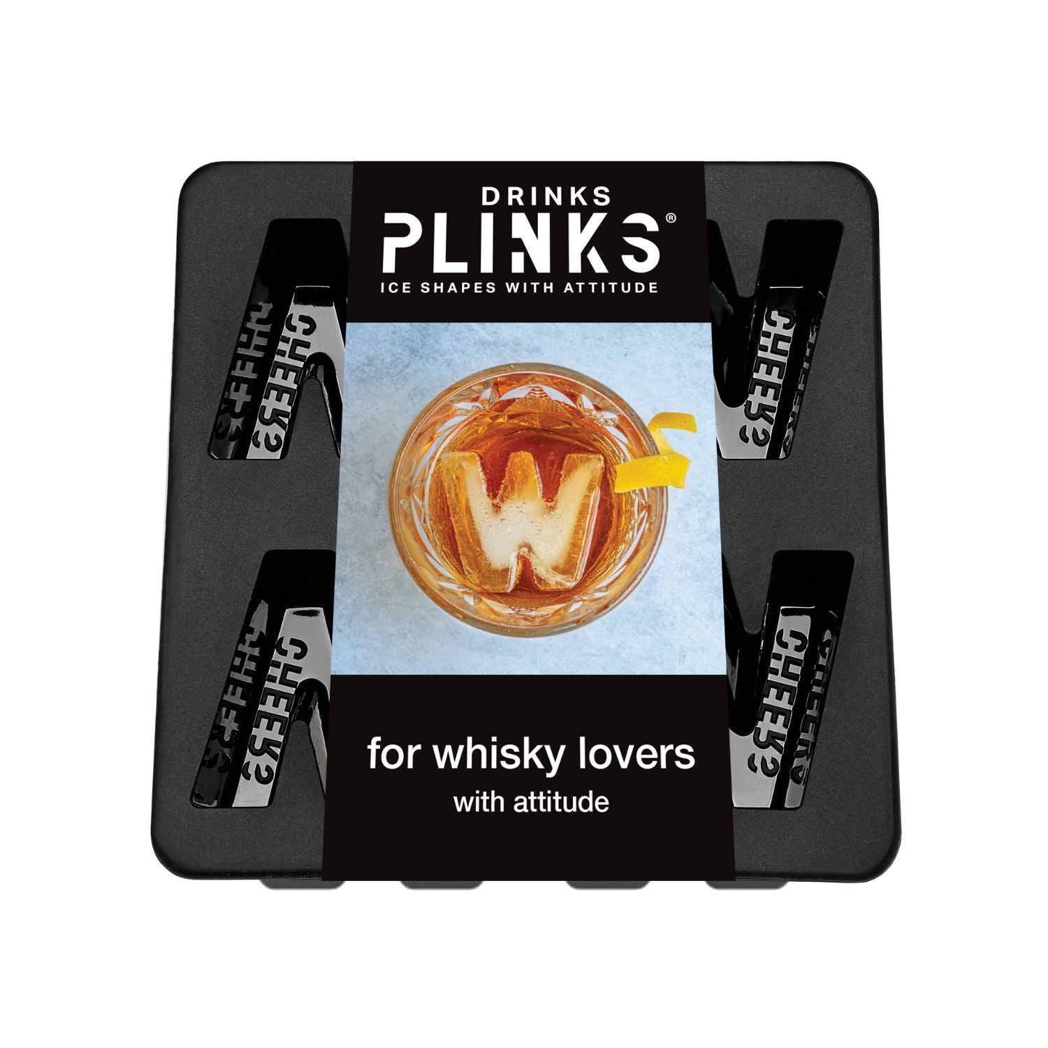 Plinks ice cube tray with whisky-themed design on a white background
