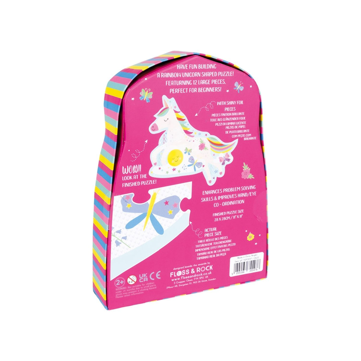 A packaged 12 piece shaped puzzle depicting a colorful unicorn - back of container 