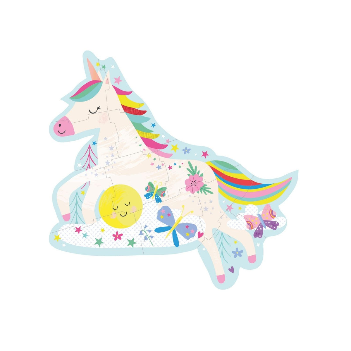  A packaged 12 piece shaped puzzle depicting a colorful unicorn