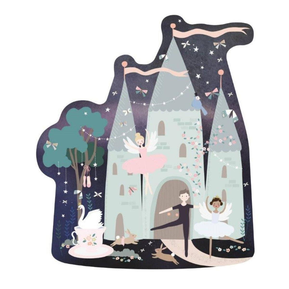 Illustration of a fairy tale scene with a castle, trees, and characters on a white background