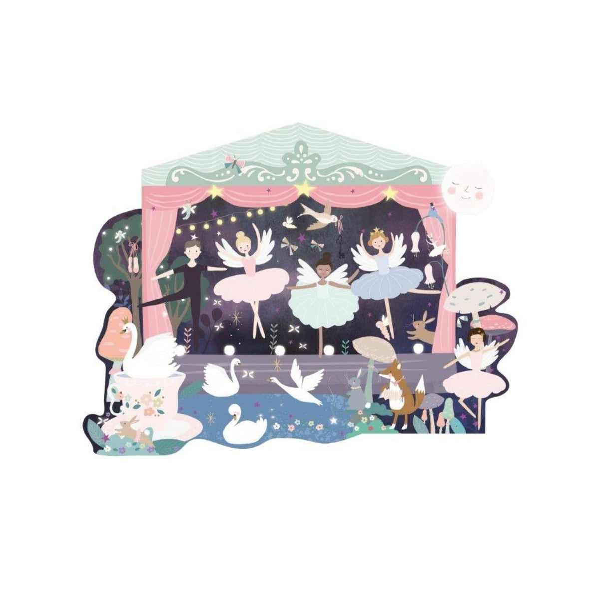 A puzzle box with a fairy tale theme featuring ballet dancers and forest animals, with a shiny foiled finish.