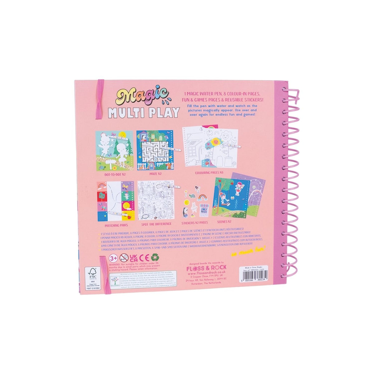 Pink activity book with colorful illustrations and text on a white background