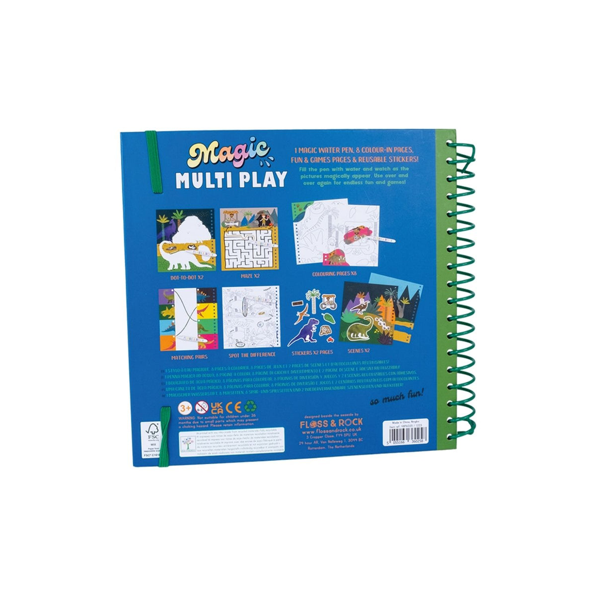 Back cover of a children&#39;s activity book titled &#39;Magic Multi Play&#39; with colorful illustrations on a white background.