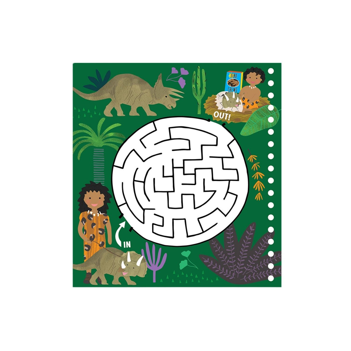 Children&#39;s activity book with a maze and dinosaur illustrations on a green background