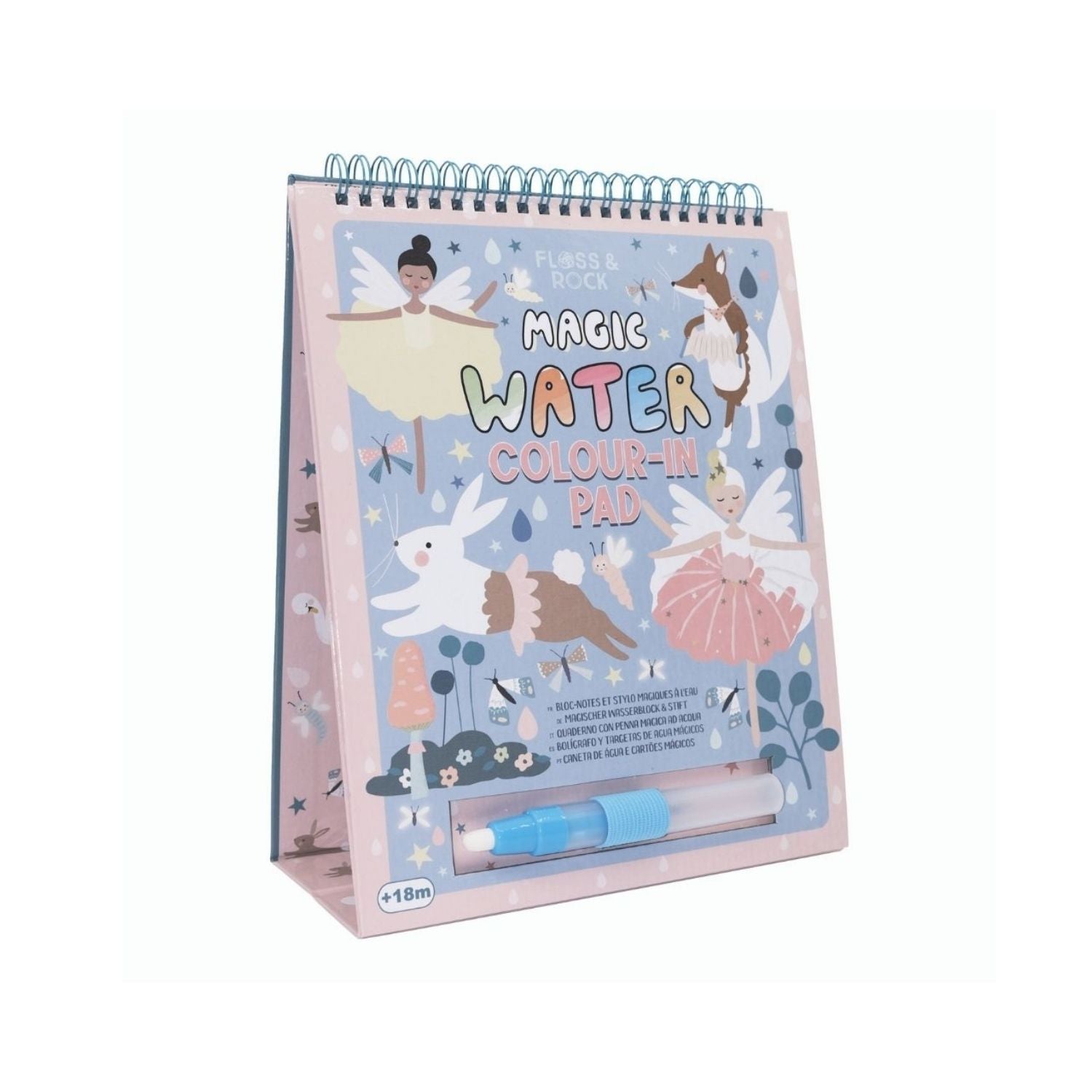 A spiral bound pad of magic water color changing easel and pen with illustrations of animals and a fairy on the cover, along with a blue water pen.