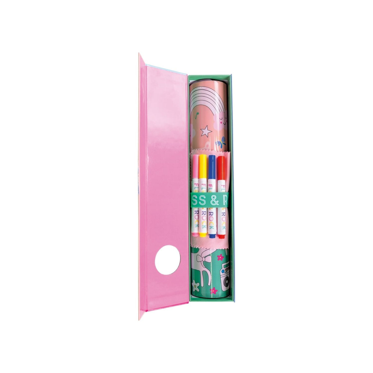 Packaging of a Colouring Fun &amp; Games Mat with a Rainbow Fairy theme, including illustrations of fairies and animals. The mat is designed for coloring and includes dry wipe pens and a cleaning cloth.