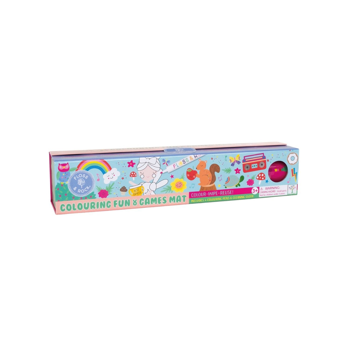 Packaging of a Colouring Fun &amp; Games Mat with a Rainbow Fairy theme, including illustrations of fairies and animals. The mat is designed for coloring and includes dry wipe pens and a cleaning cloth.