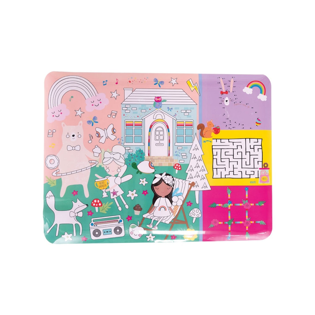 Packaging of a Colouring Fun &amp; Games Mat with a Rainbow Fairy theme, including illustrations of fairies and animals. The mat is designed for coloring and includes dry wipe pens and a cleaning cloth.
