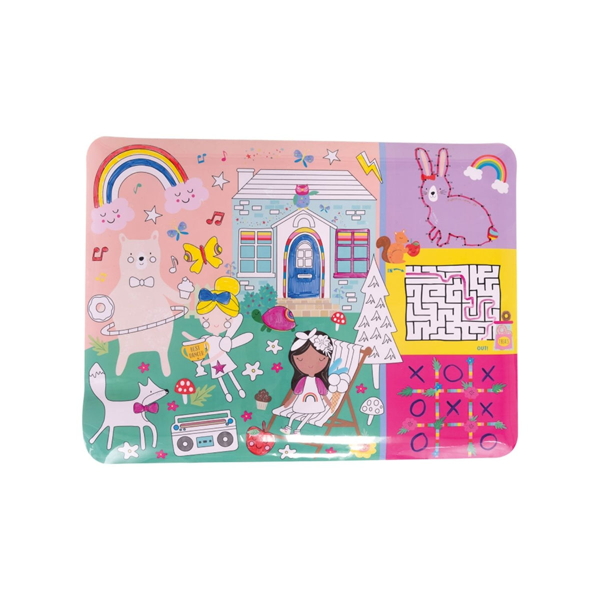 Packaging of a Colouring Fun &amp; Games Mat with a Rainbow Fairy theme, including illustrations of fairies and animals. The mat is designed for coloring and includes dry wipe pens and a cleaning cloth.