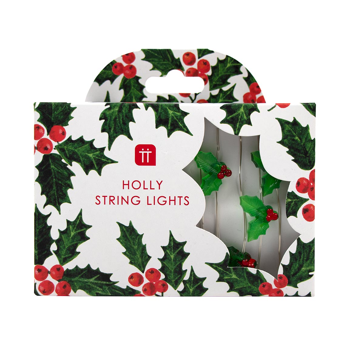 Holly string lights packaging with holly leaves and berries design.