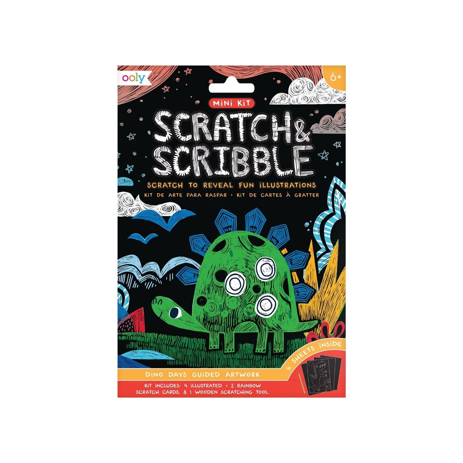 Packaging for Mini Scratch & Scribble Art Kit with illustrations of colorful dinosaurs and scratch-off areas.