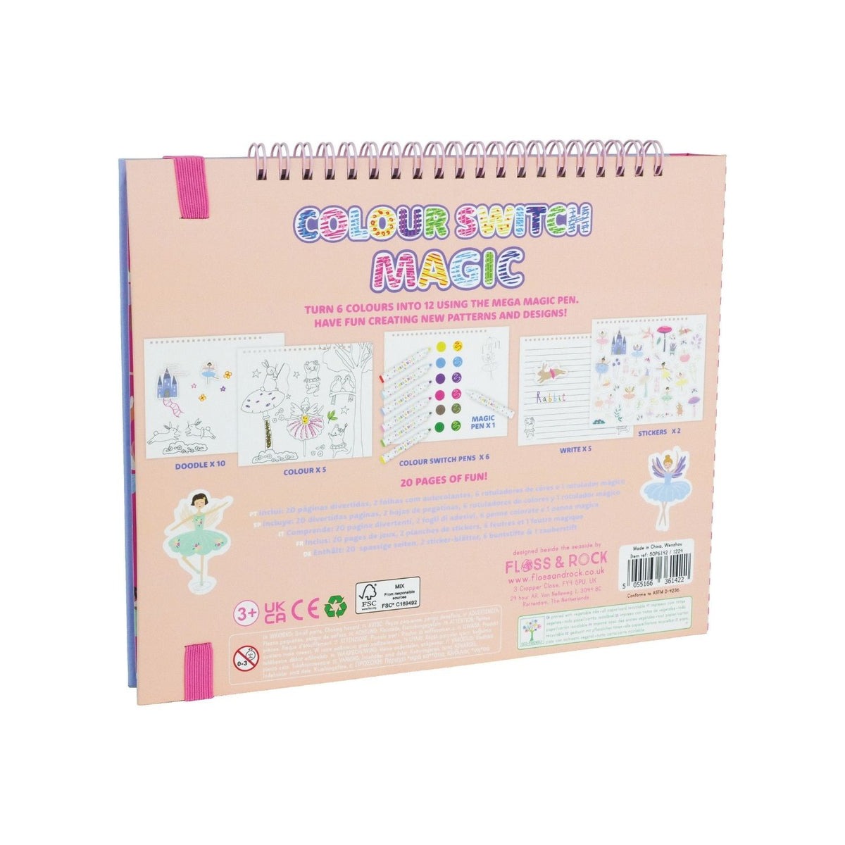 A colorful art and craft activity book titled &#39;Colour Switch Magic&#39; featuring illustrations of fairies and various craft elements, with a magic white pen included.