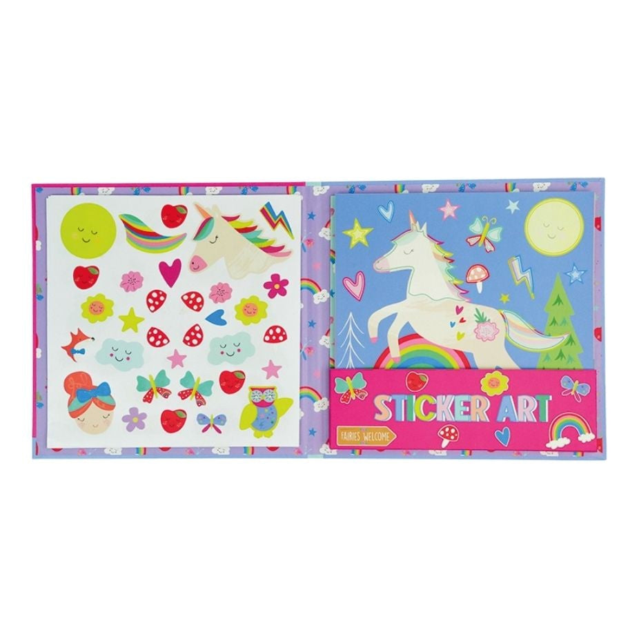 Two sticker books with unicorn designs on a white background