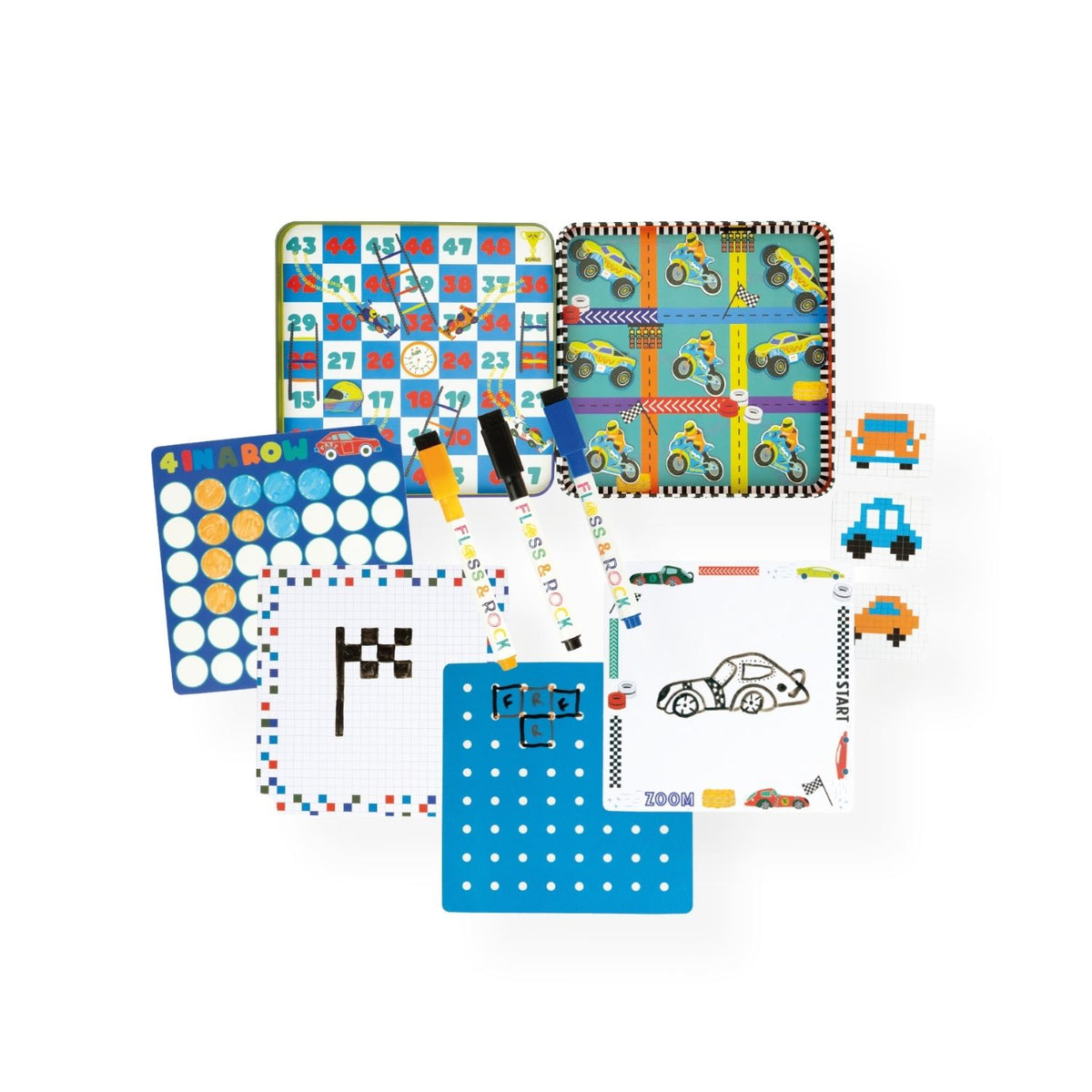 Set of children&#39;s activity mats with vehicle-themed designs on a white background