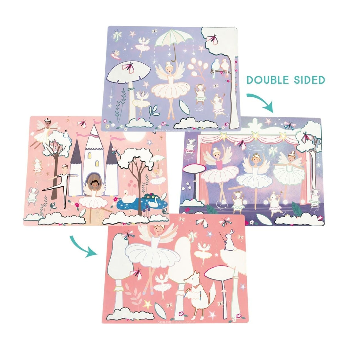 Double-sided children&#39;s activity placemat for mealtimes with fairy and castle designs on a white background
