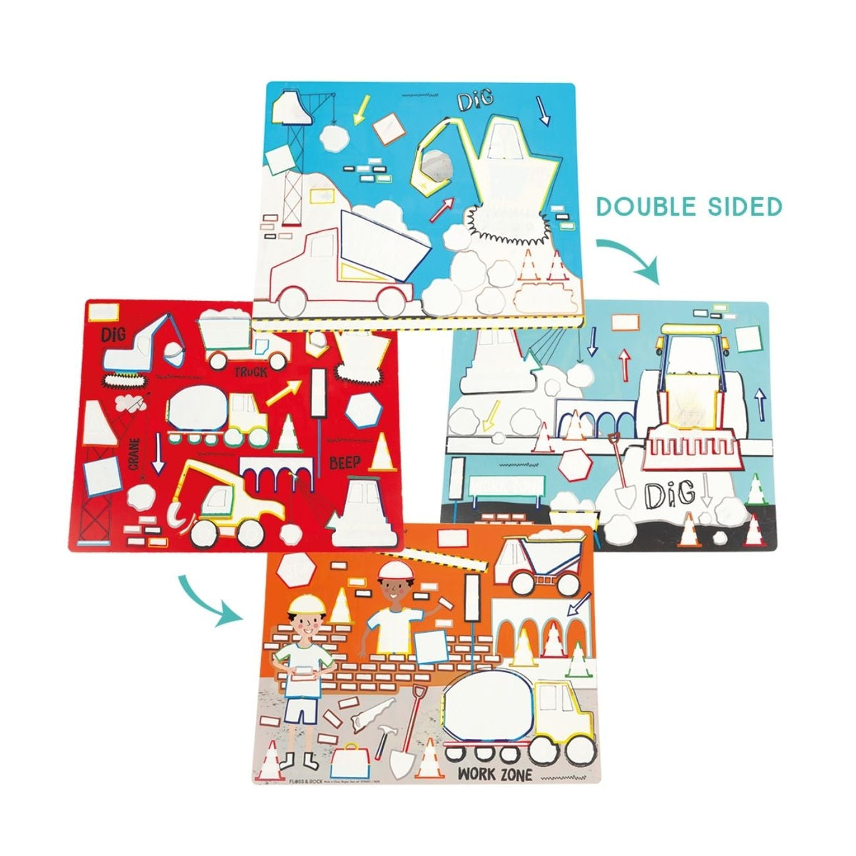 Double-sided children&#39;s activity mat with construction and chef designs on a white background.
