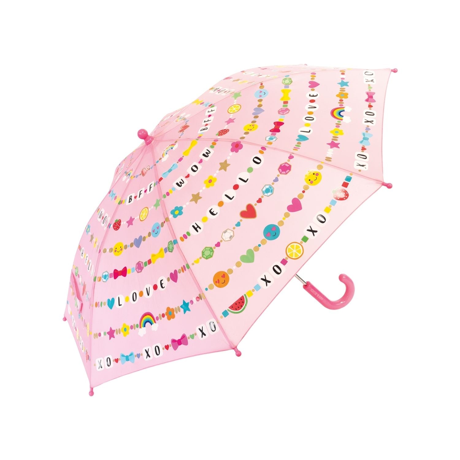 A pink children's colour changing umbrella for kids featuring white patterns that transform into bright colours when wet. Ideal for creative play on rainy days.
