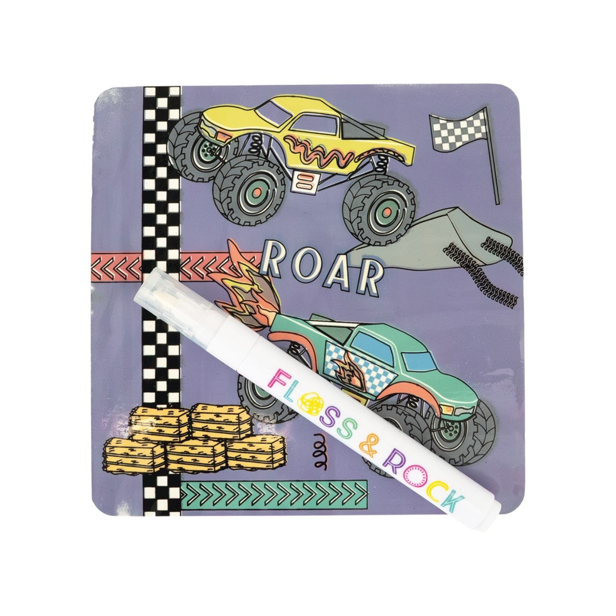 Children&#39;s colur changing cards with monster truck illustrations and a pen on a white background