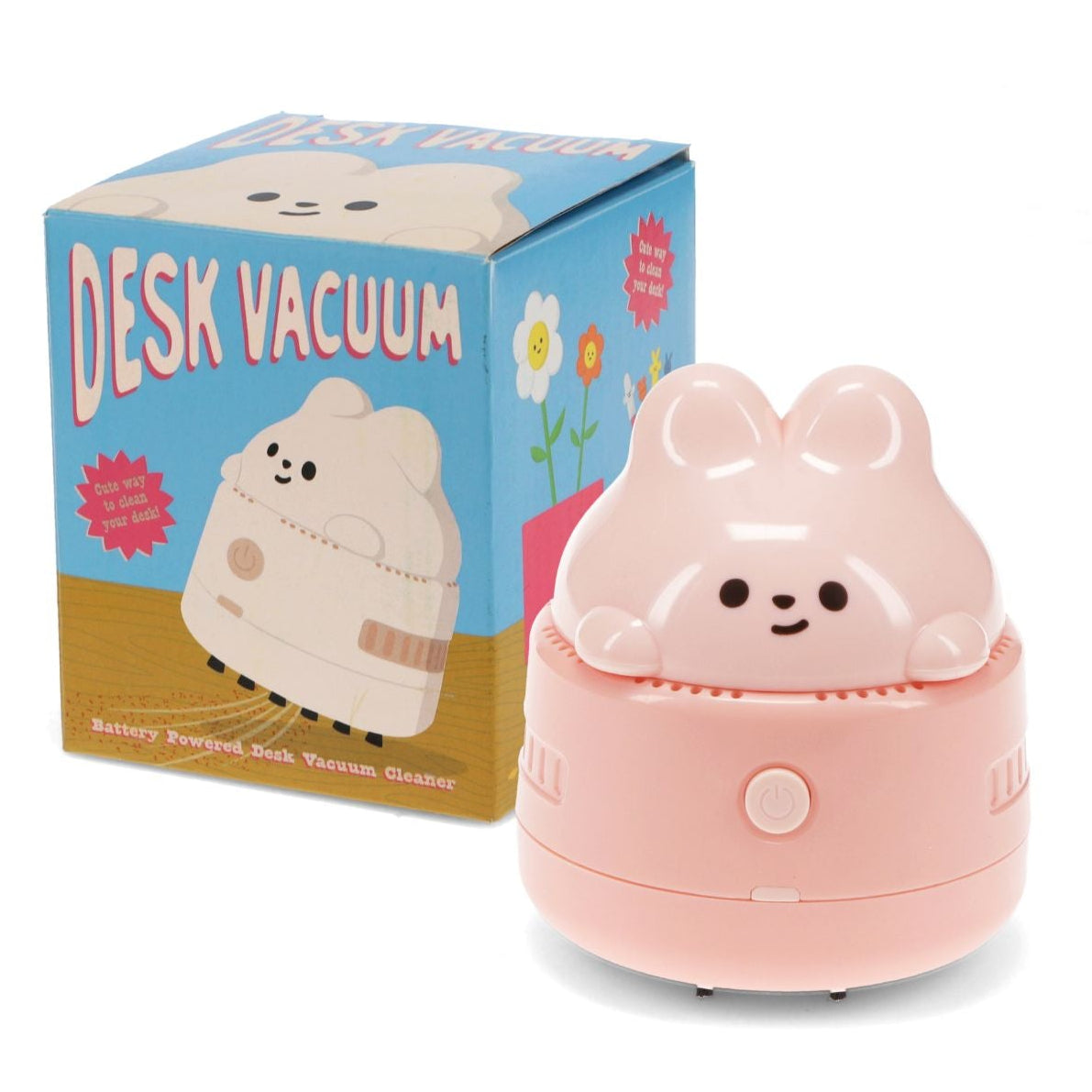 Pink desk vacuum with bunny cartoon face next to its packaging on a white background