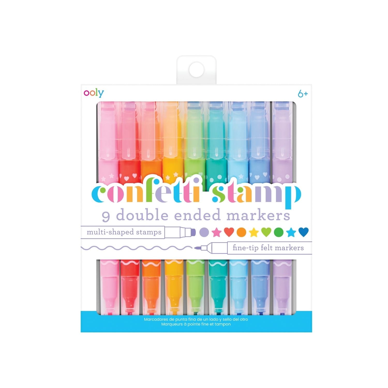 A set of 9 double-ended markers with fine felt tips and multi-shaped stamp ends, including dots, heart, and stars. The markers are displayed in a variety of colors and come in packaging designed for retail sale.