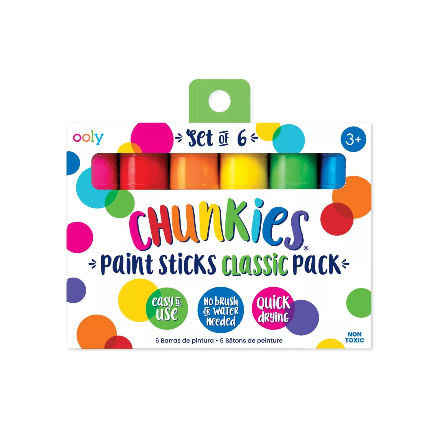 A set of six Chunkies Paint Sticks Classic in various colors, packaged in a box with colorful dots and product information.