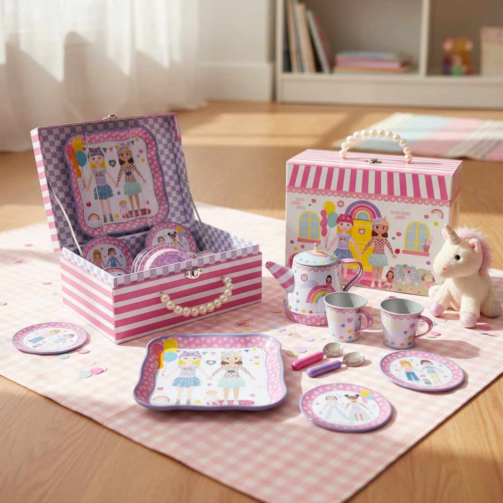 Children&#39;s tea set with pink and purple striped box, plates, cups, and a teapot on a checkered tablecloth.