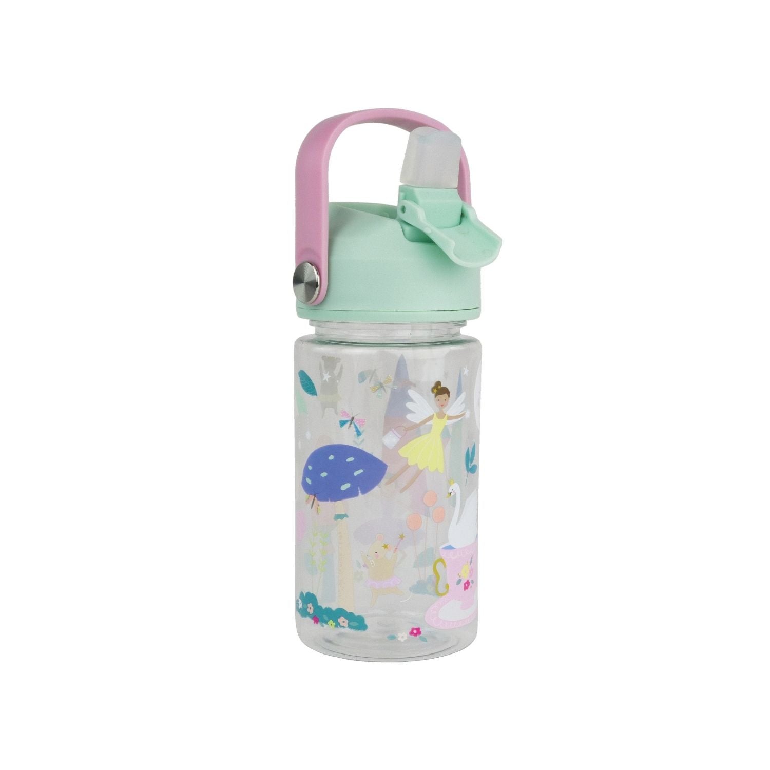 A 450ml Tritan drinks bottle with a pastel green lid, pink carry handle, and illustrated with fairies in a floral setting.