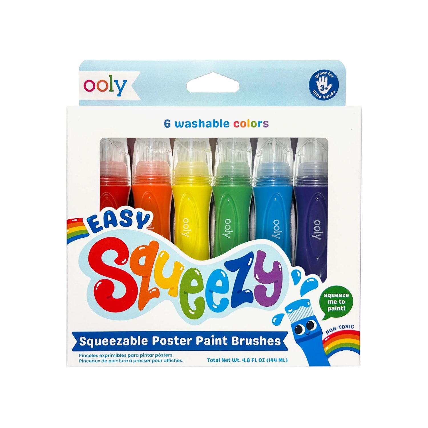 Packaging of Ooly Easy Squeezy squeezable poster paint brushes with six washable colors.