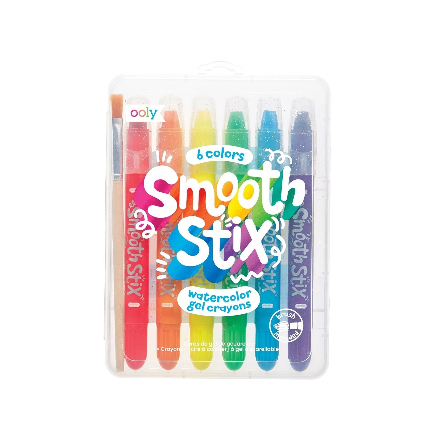 A set of six Smooth Stix watercolour gel crayons in a variety of colors, displayed in a clear packaging with the brand name and product details visible.