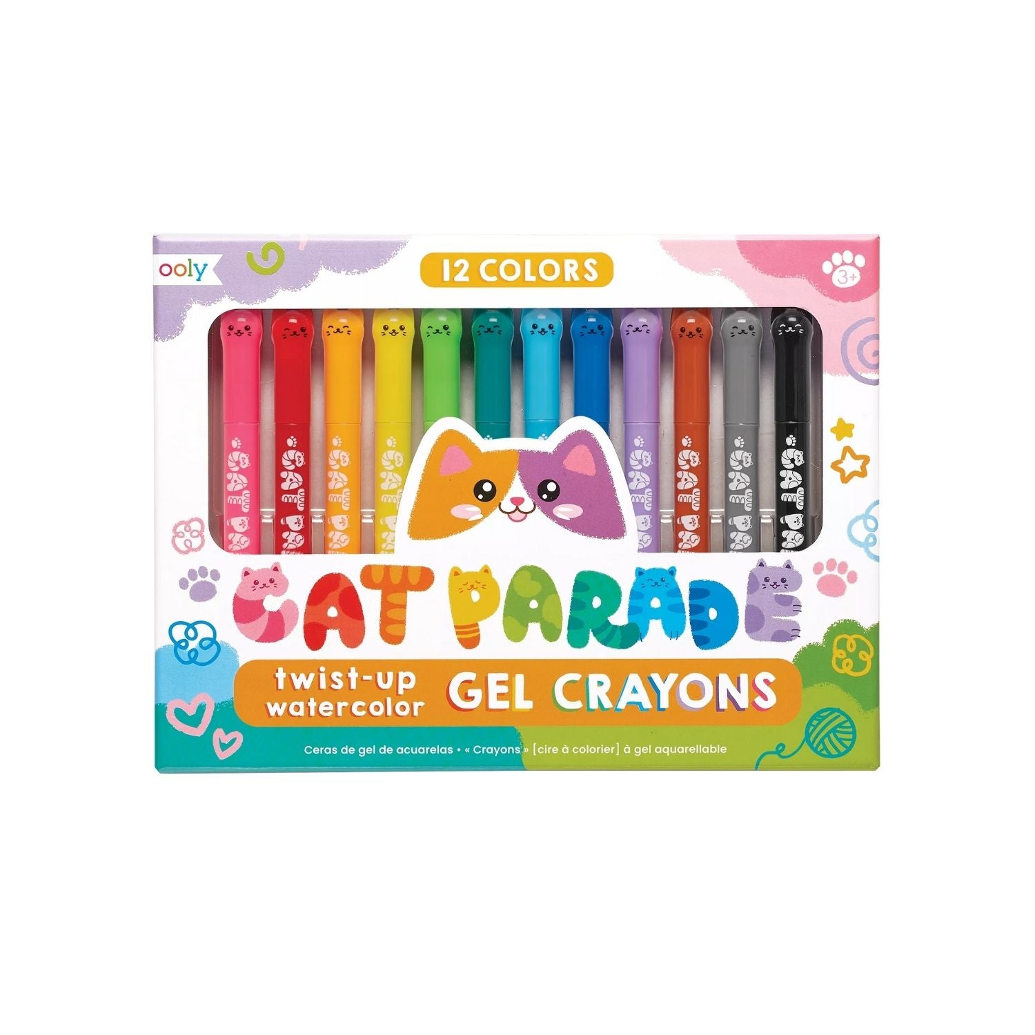 A set of 12 Cat Parade twist-up watercolor gel crayons in various colors, displayed in packaging with a colorful design and cat faces.