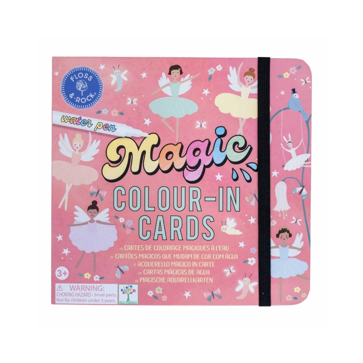 Pink &#39;Magic Colour-In Cards&#39; book with fairy designs on a white background