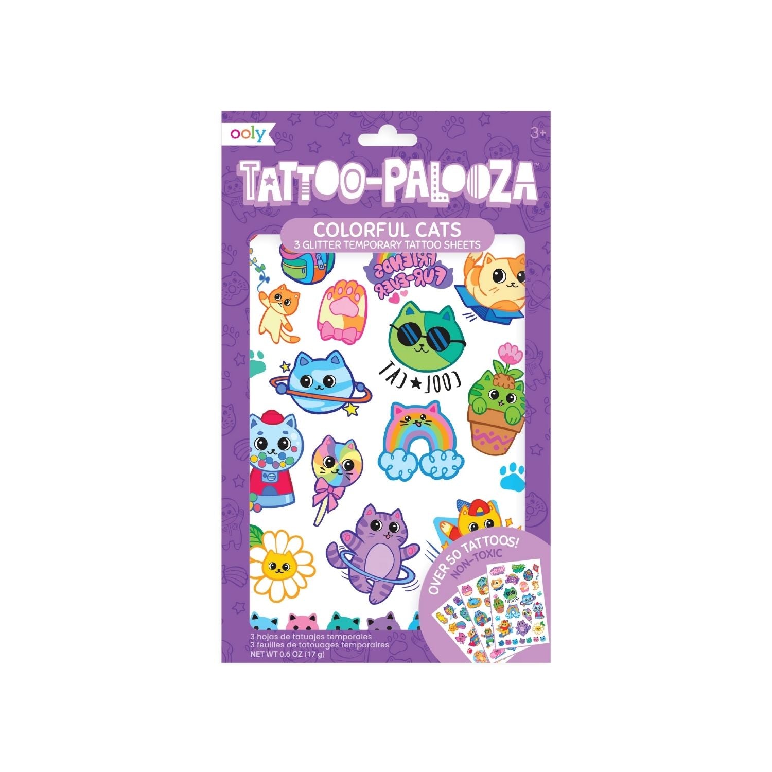 Pack of colorful cat-themed temporary tattoos with 'Tattoo-Palooza' branding on a purple background.