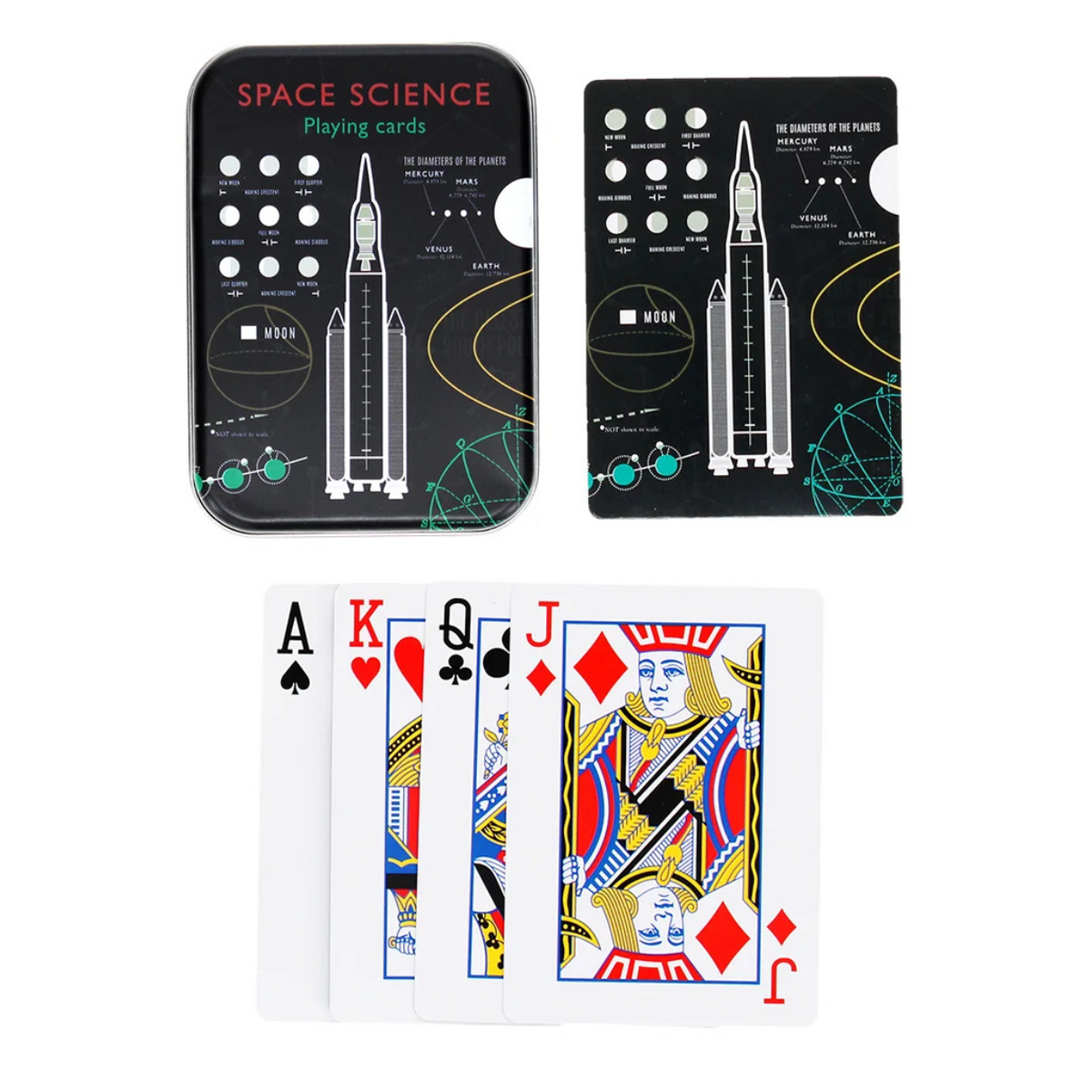 Space-themed playing cards with space science design on the card holders.
