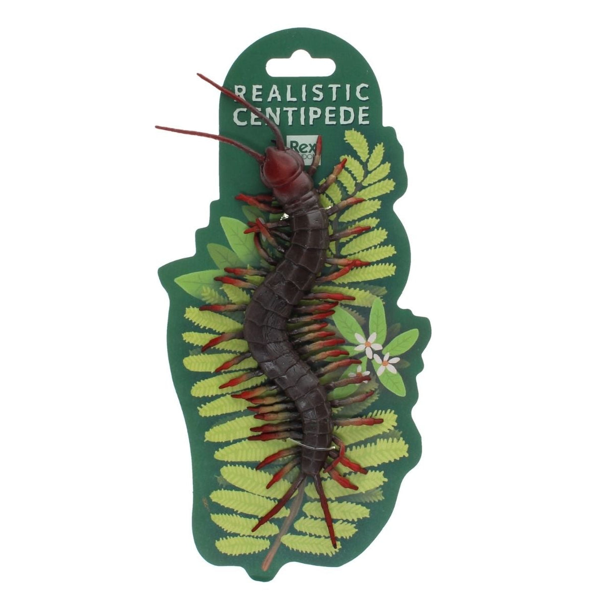 Realistic centipede toy on a green leaf-shaped card with 'Realistic Centipede' text.