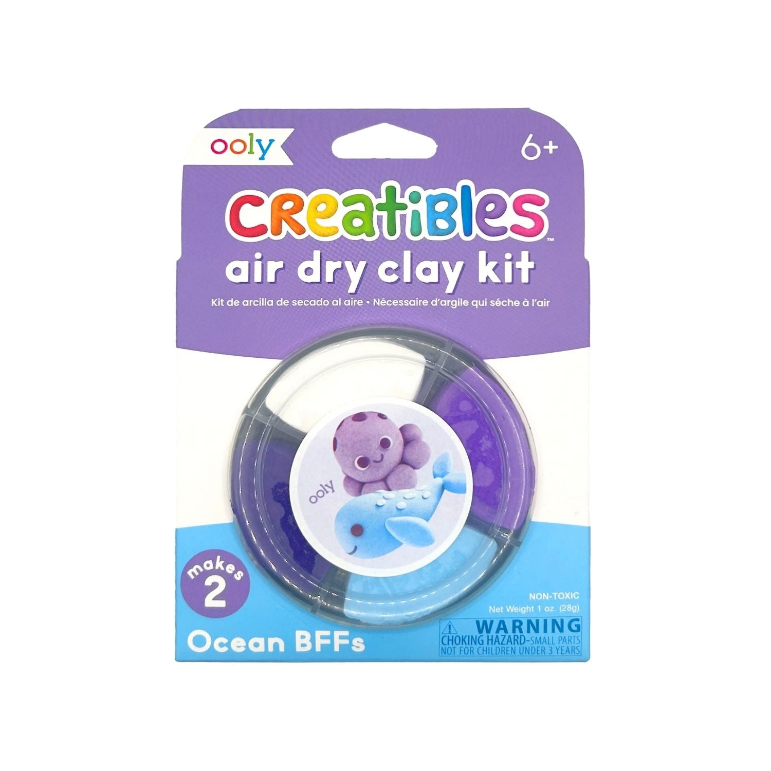 Packaging of Creatibles Mini Air Dry Clay with the theme 'Ocean BFFs'. The package shows two cartoonish clay figures, an octopus and a whale, and includes multicolored clay packs and a reusable tub.