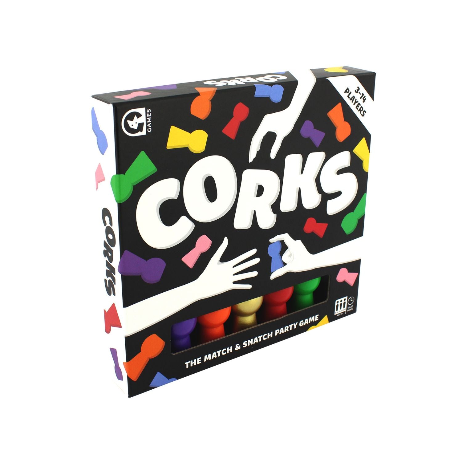 Board game box for 'Corks' with colorful corks and game pieces on a white background