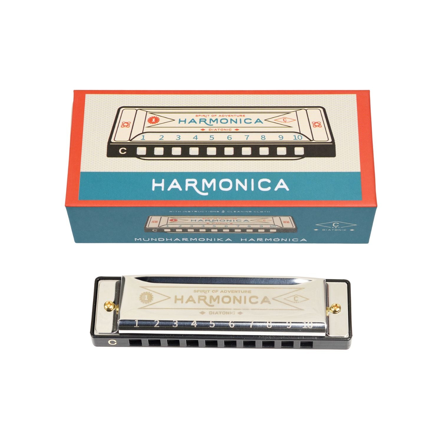 Harmonica with packaging on a white background