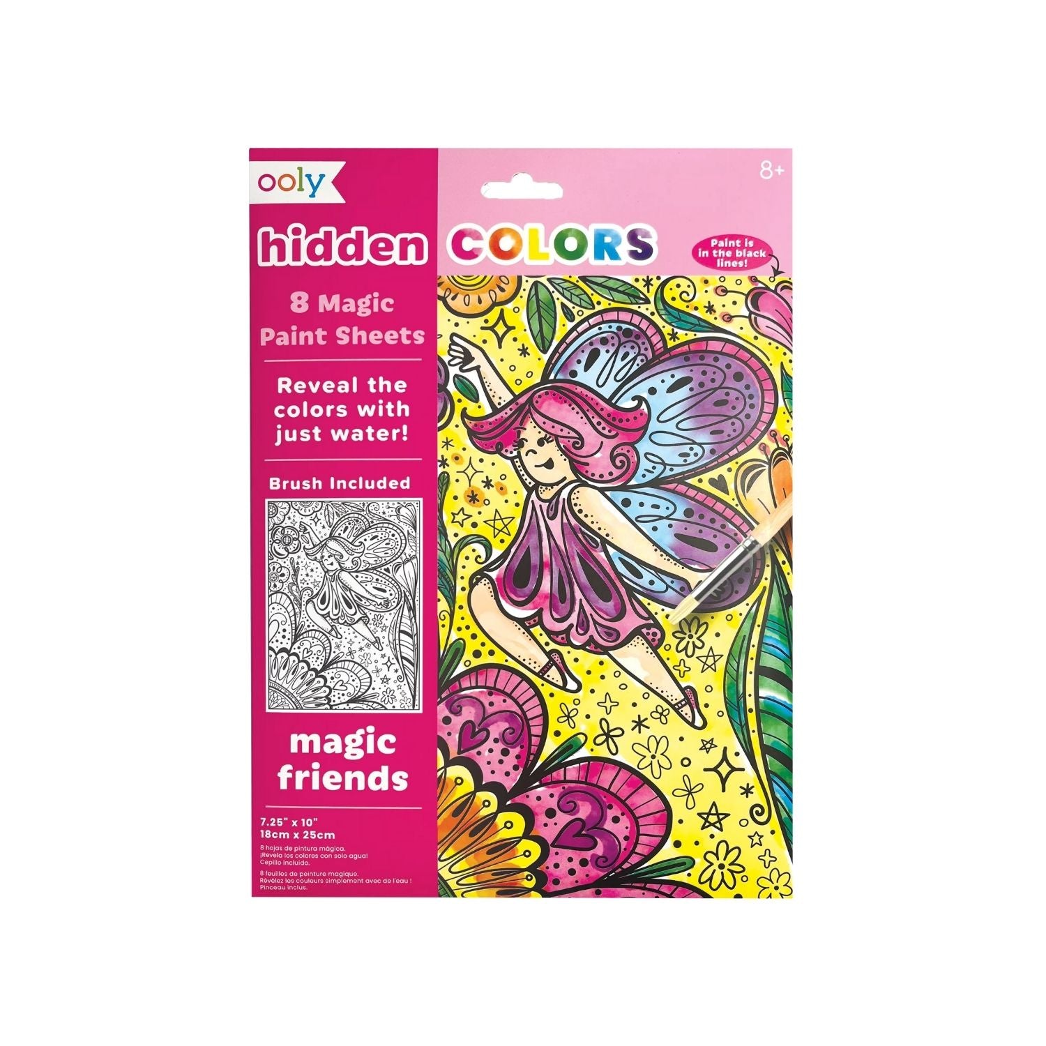 Packaging for Hidden Colours Magic Paint Sheets featuring a colorful illustration of a fairy with a butterfly on her head, and the text 'Reveal the colors with just water!' indicating the water-reveal art activity.