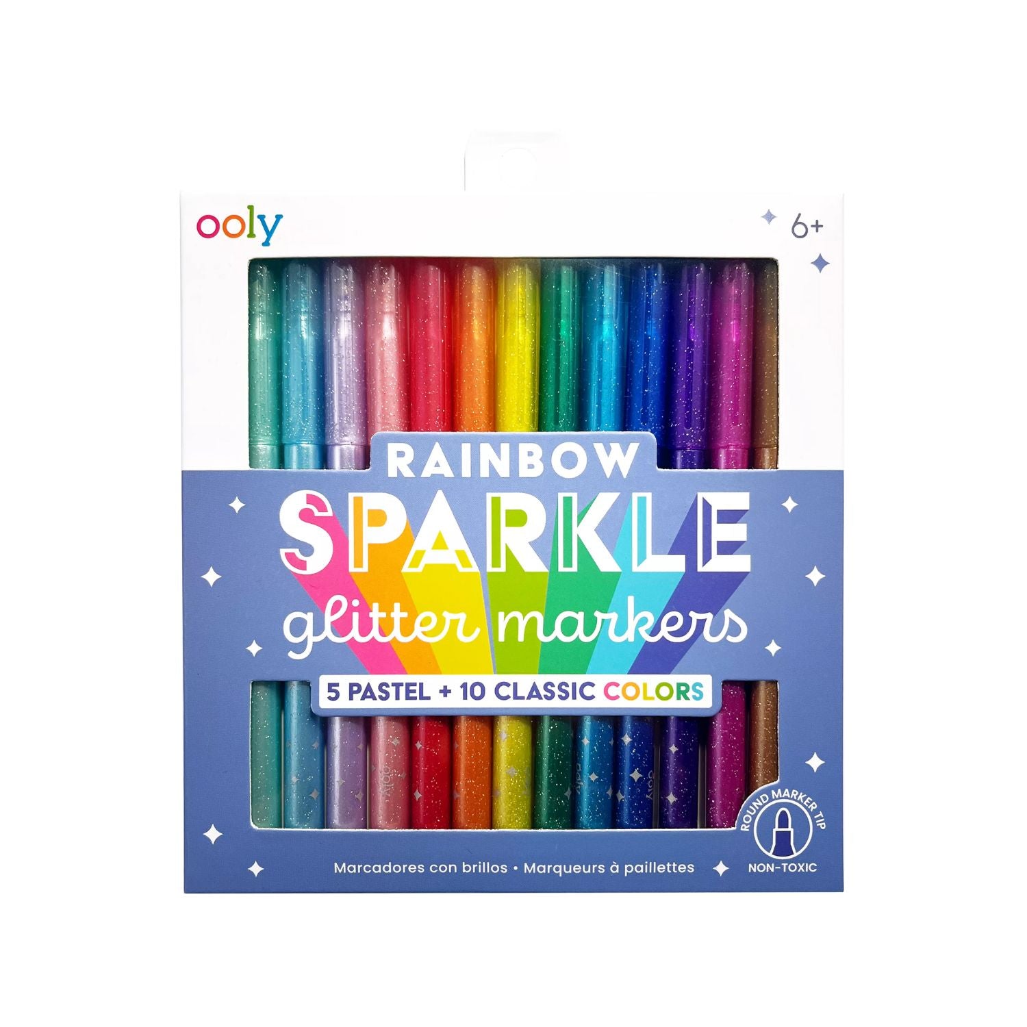 A set of 15 rainbow sparkle glitter markers in various colors, with branding and product information displayed on the packaging.
