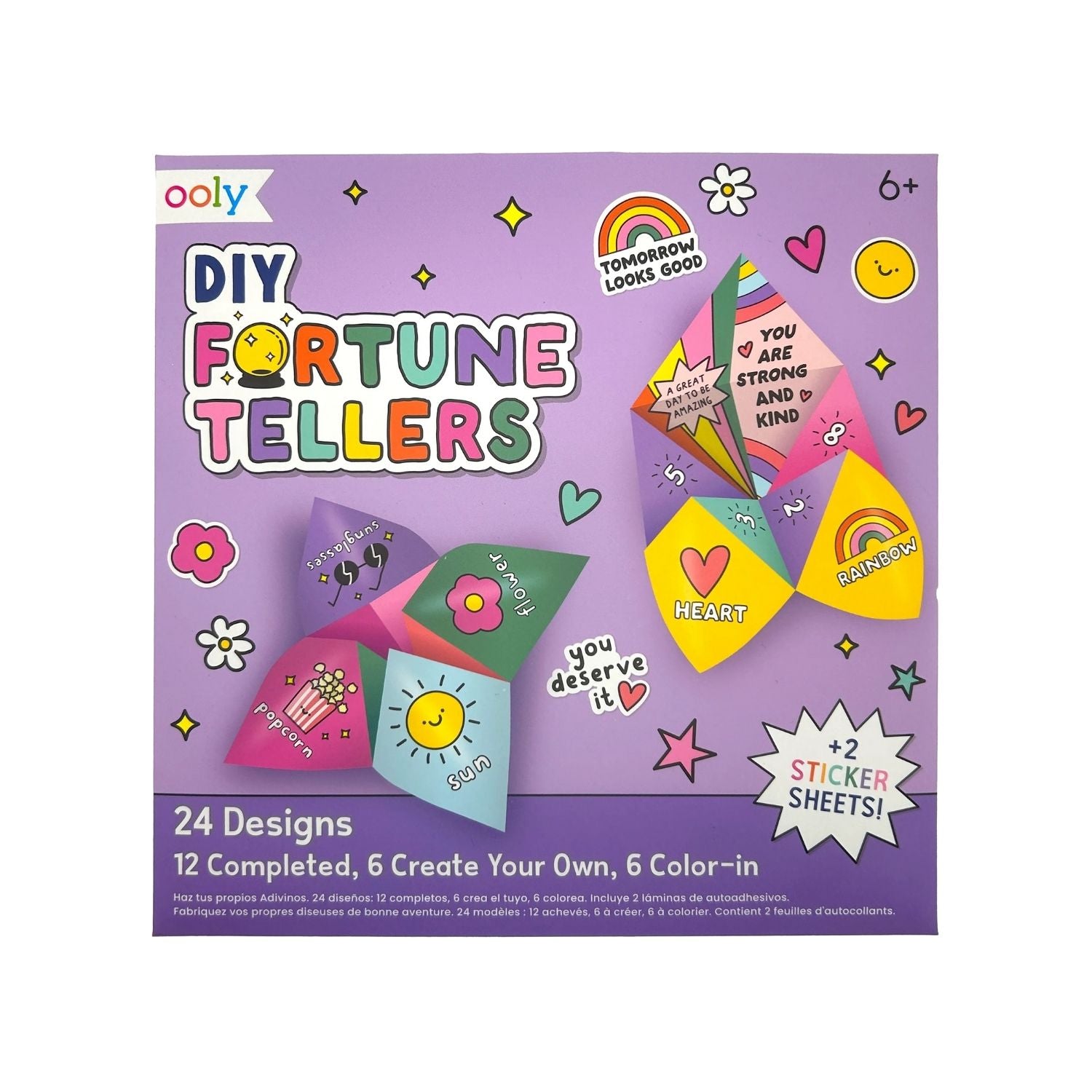 Packaging for DIY Fortune Tellers Activity Kit with illustrations of colorful paper fortune tellers and text detailing the contents of the kit.