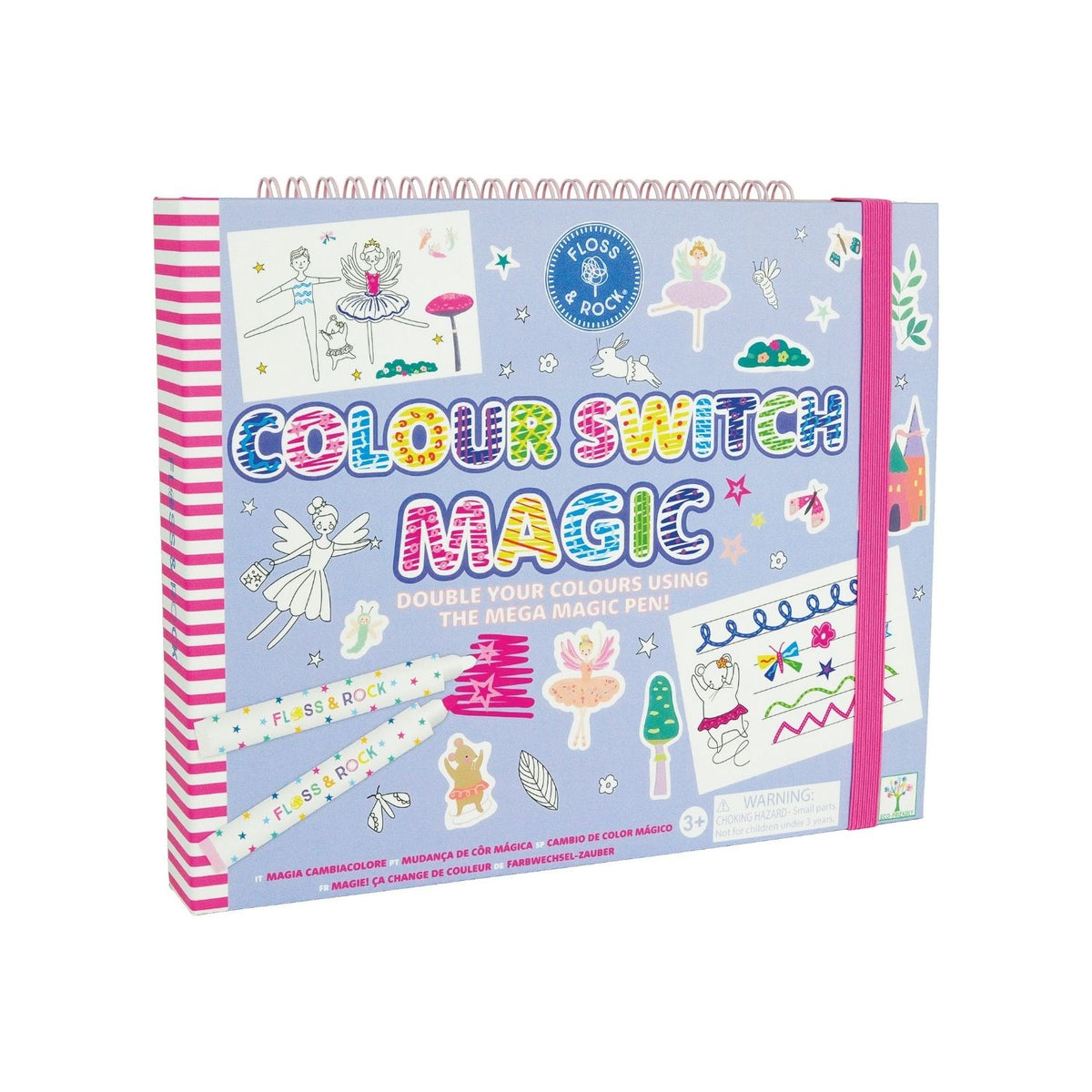 A colorful art and craft activity book titled &#39;Colour Switch Magic&#39; featuring illustrations of fairies and various craft elements, with a magic white pen included.