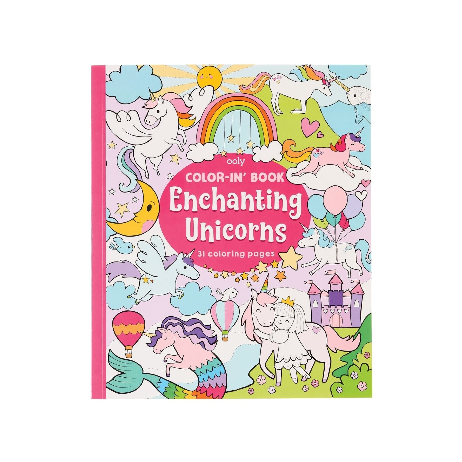 A colorful cover of the 'Enchanting Unicorns Colouring Book' featuring illustrated unicorns, castles, and a rainbow.