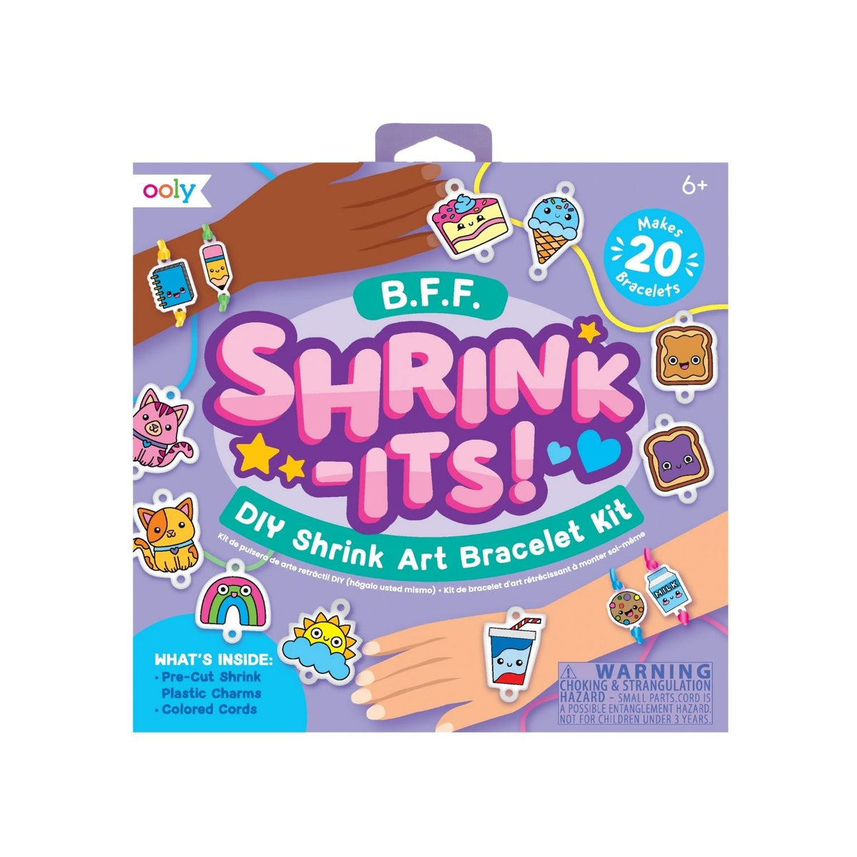 Packaging for &#39;Shrink-Its! DIY Shrink Art Bracelet Kit&#39; featuring illustrations of colored charms and hands creating bracelets, with product information and branding.