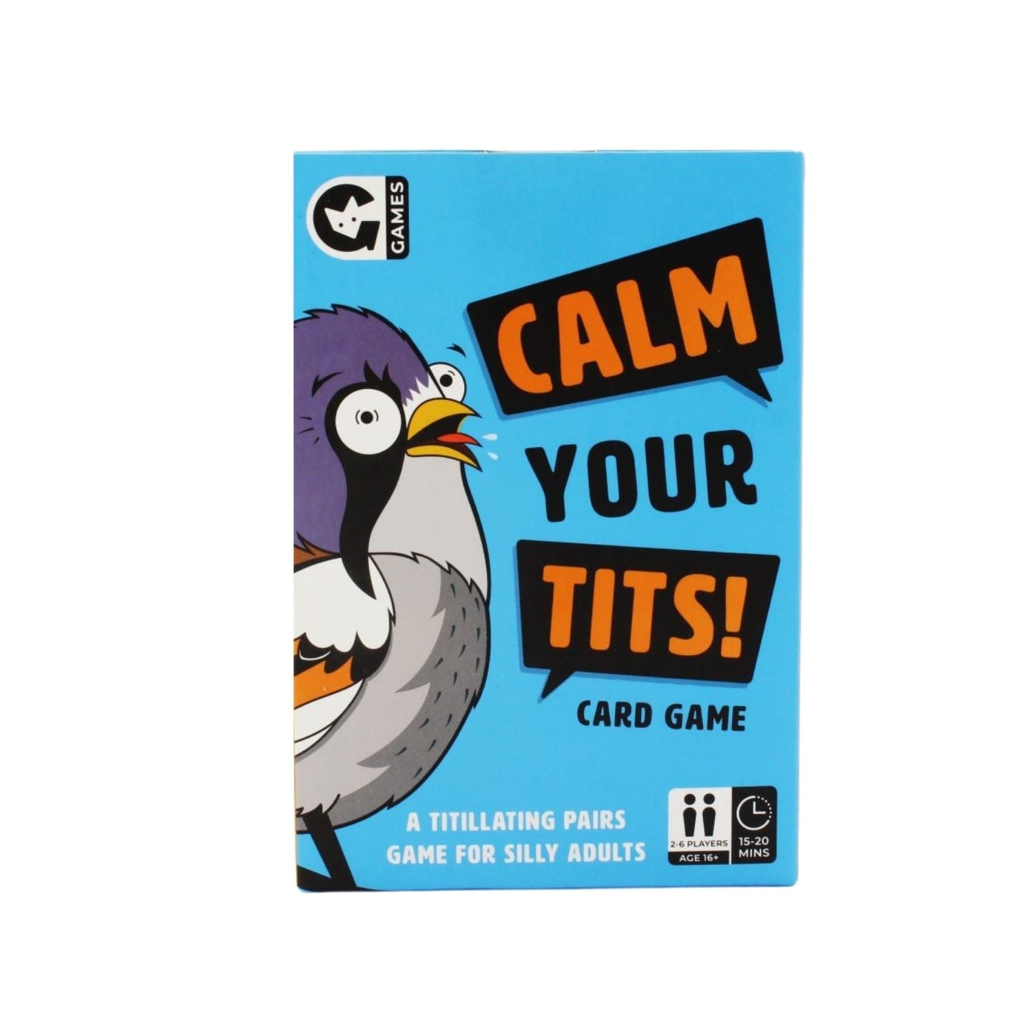 The image shows a box of the 'Calm Your Tits' card game featuring a cartoon bird with exaggerated expression on a blue background. The game is indicated for 2-6 players, ages 16+, with 48 cards.