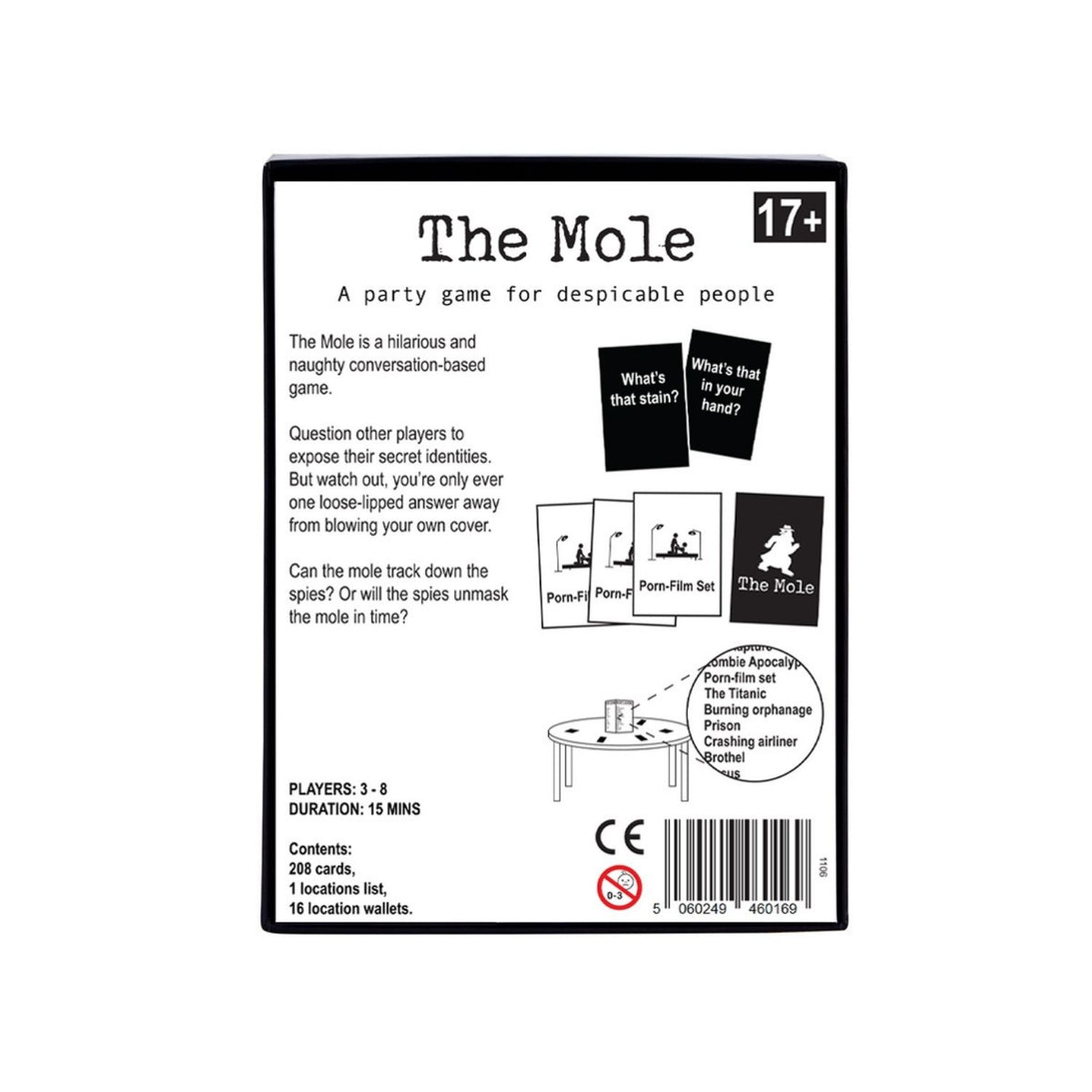 Back of a game box for 'The Mole' party game with text and images.