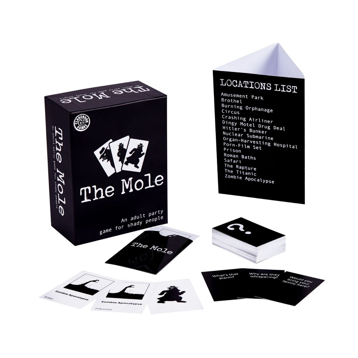 the contents of the game box neatly arranged, displaying the secret case files, interrogation question cards, and the quick-start rules manual.