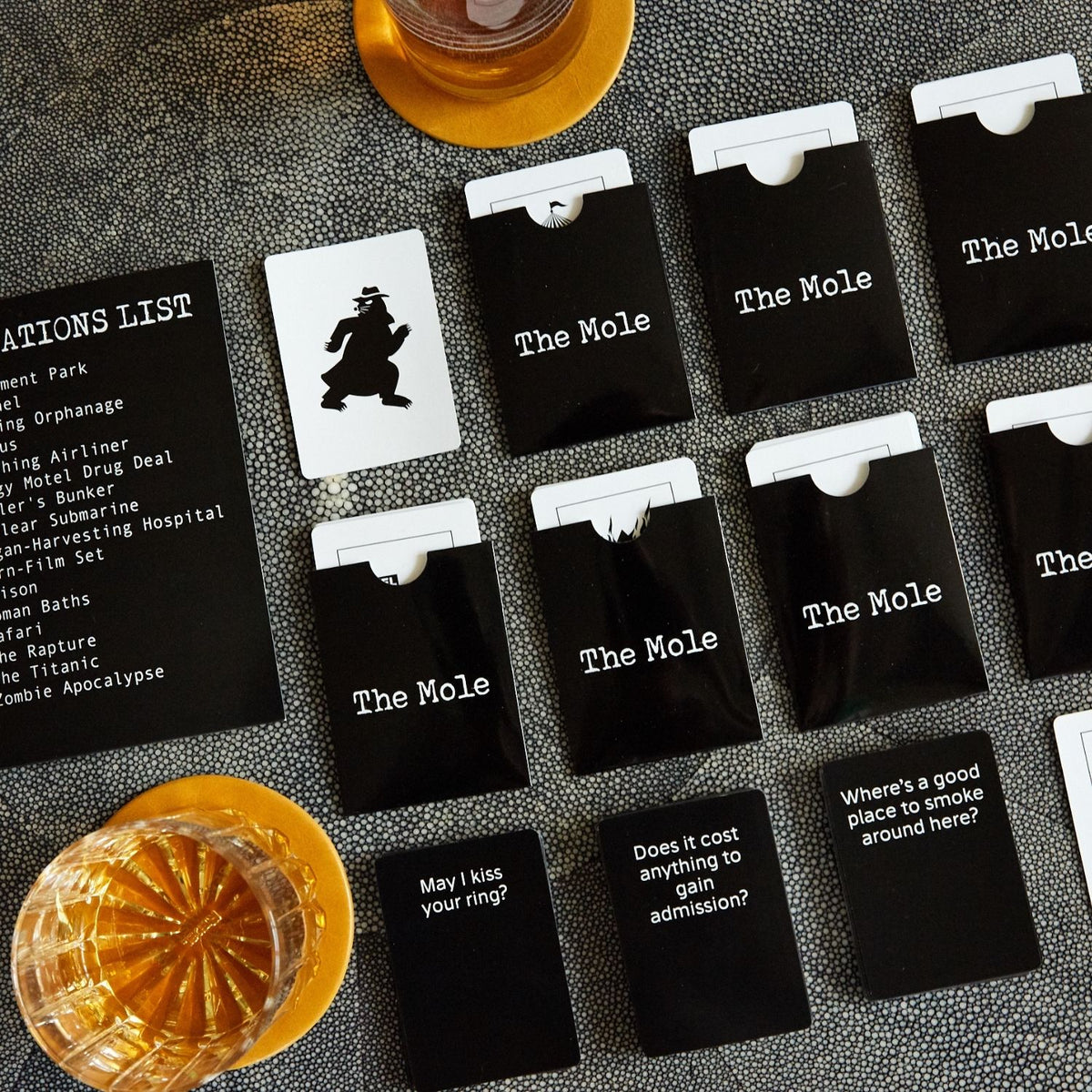 Set of cards from the adult party game called 'The Mole'