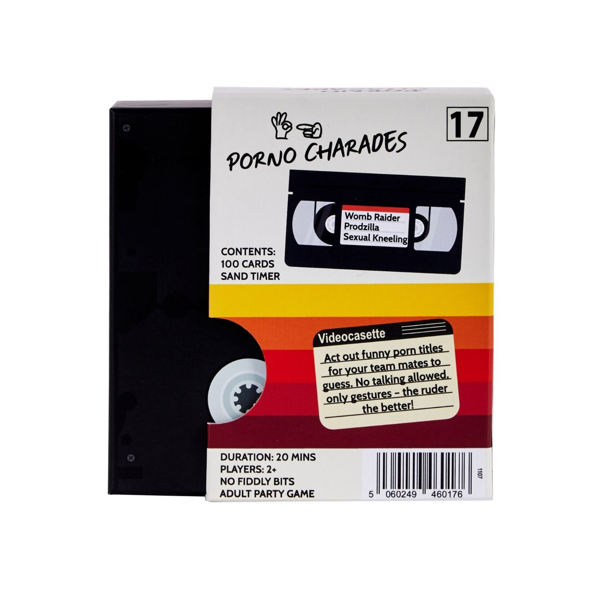 Packaging of 'Porno Charades' game with a VHS tape design