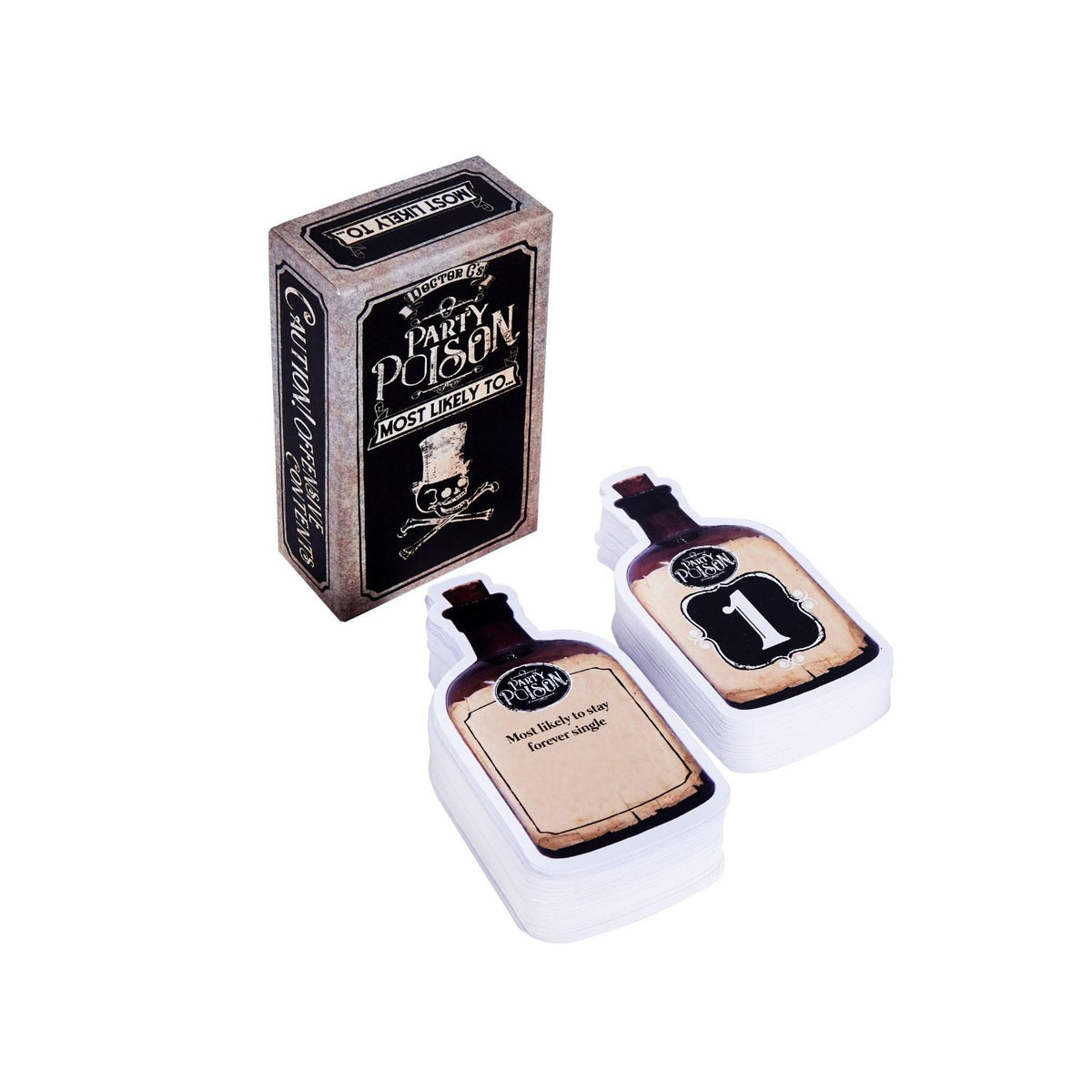 Two bottle shaped cards labeled 'Most Likely to' with a box labeled 'Party Poison' 